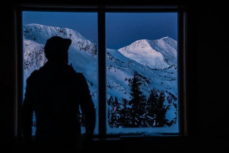 Person looking out the window at snowy mountains at night